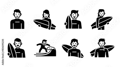 Surfing enthusiasts characters with surfboards in minimalist icon style