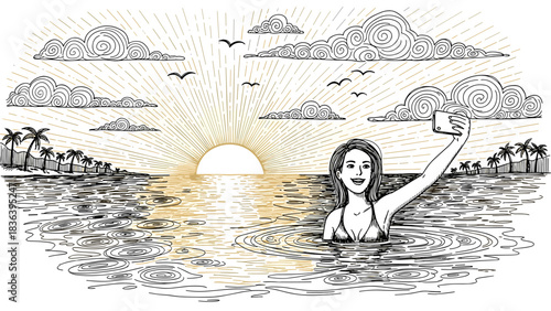 Woman taking selfie in ocean during sunset with artistic linear design