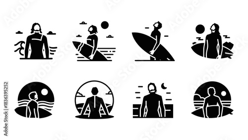 Flat surfers on the beach with surfboards and ocean waves at sunset