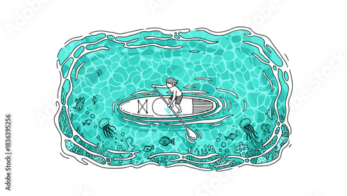 Paddleboarder exploring vibrant ocean waters with marine life in hand-drawn style