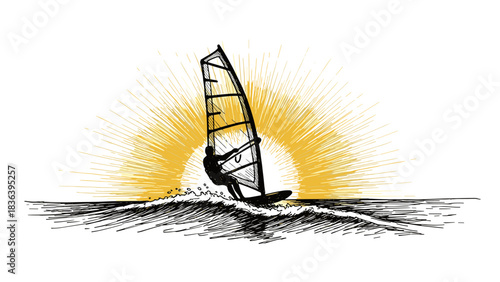 Dynamic windsurfing silhouette against radiant sunburst background
