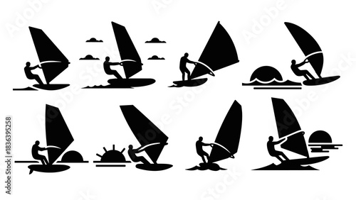 Silhouette windsurfing icons: dynamic water sports collection under the sun