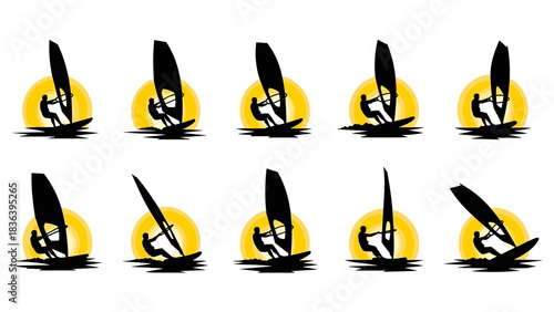 Dynamic windsurfing silhouettes set against a vibrant sunset