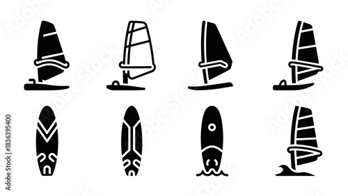 Minimalist windsurfing icons set featuring sailboard and sail silhouettes