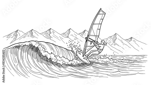 Dynamic line art of windsurfing adventure in mountainous waves