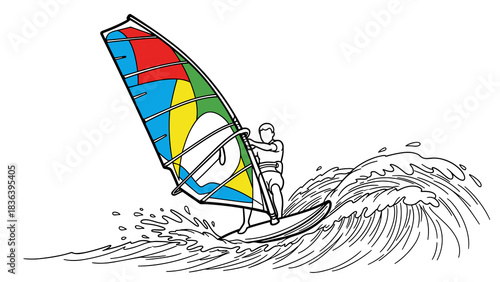 Colorful linear windsurfing adventure on dynamic ocean waves