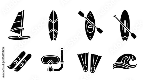 Adventure icons: windsurfing, surfboards, kayaks, paddles, snorkeling, diving equipment, waves