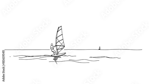 Continuous line drawing of windsurfing adventure on open water