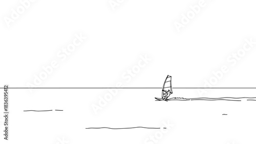 Windsurfing adventure on tranquil sea in minimalist line art style