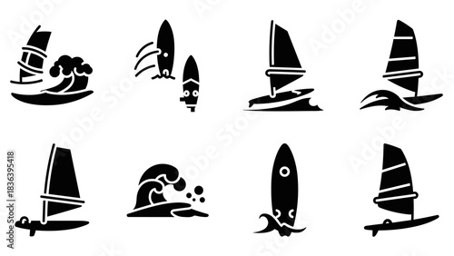 Surfing and sailboat icons set: minimalist black silhouette on white background
