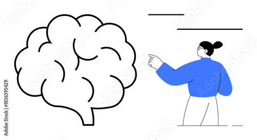 Mental health, education, neuroscience, decision-making, focus, psychology. Minimalistic design of a person gesturing towards a brain. Mental health and education concept explained visually