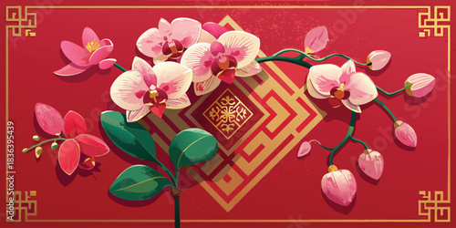 Orchid flowers and chinese knot on red background with gold border