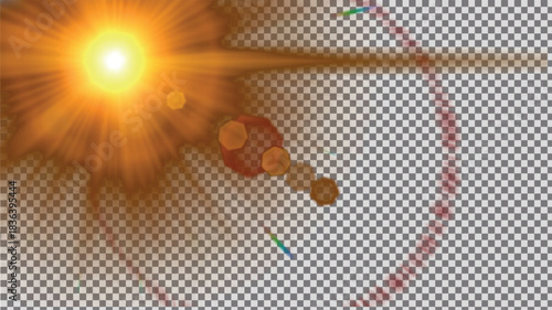 Intense large warm orange sunburst effect with radiating sunrays, prominent circular bokeh artifacts, and realistic lens flare on transparent PNG background.