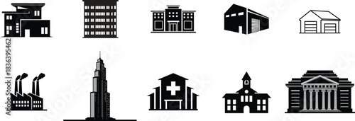Set of Architectural Building Icons for Commercial and Residential Real Estate