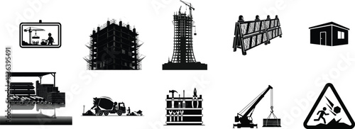 Construction site with building, crane, truck, and worker safety signs in black and white icons