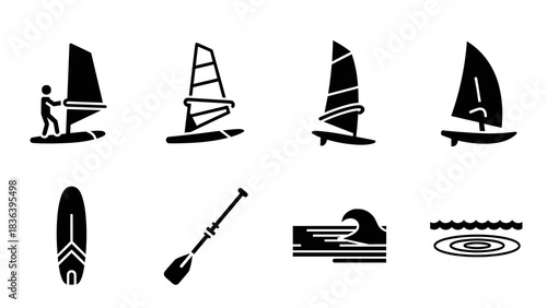 Set of windsurfing and paddleboarding icons in minimalist black silhouette style