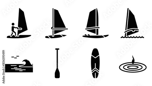 Minimalist icons of windsurfing and paddleboarding activities