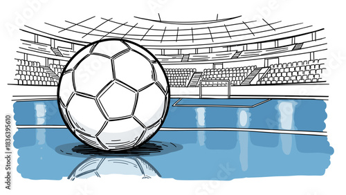 Sketch style soccer ball on stadium field with blue reflection