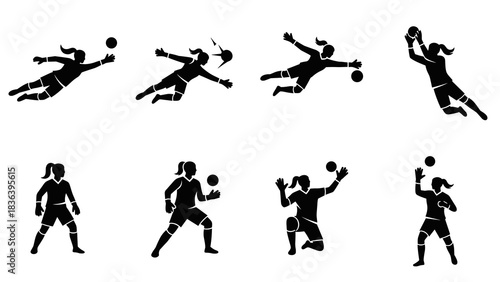Female soccer goalkeeper silhouettes in dynamic poses