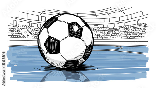 Soccer ball on indoor court with dynamic line art design in stadium setting