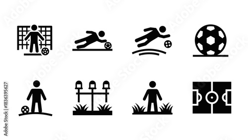 Soccer silhouette icons: goalkeeper, player actions, and field elements