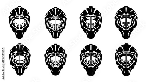 Silhouette collection of ice hockey goalie masks in black and white