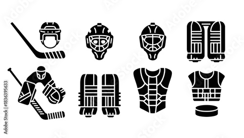 Silhouette icons of hockey gear: sticks, helmets, pads, and goalie masks