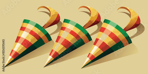 Three colorful striped party hats arranged in a row with elastic straps