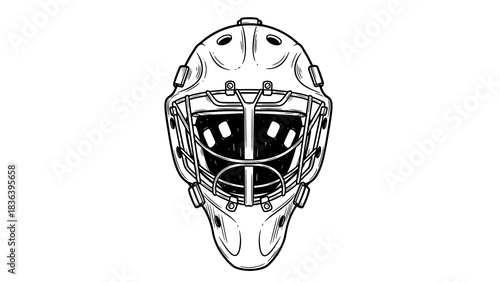 Detailed hockey goalie mask design in black and white