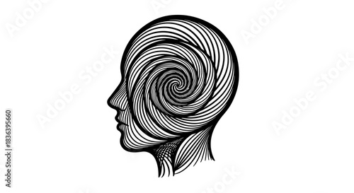Abstract human head with swirling spiral pattern representing complex thought.