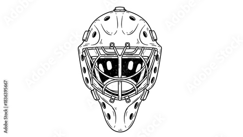Detailed linear drawing of a hockey goalie mask with intricate design