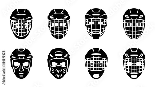 Set of hockey mask silhouettes: diverse protective sport helmets in black and white