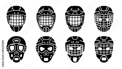 Set of eight hockey helmet designs in black and white silhouette style