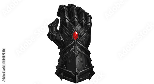 Black armored fantasy gauntlet with a red jewel.