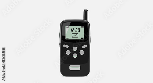 Black handheld device with screen and buttons for communication.