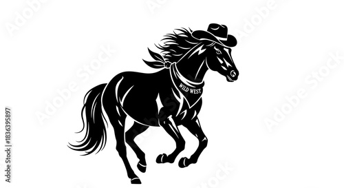 Black horse wearing cowboy hat running forward with energy.