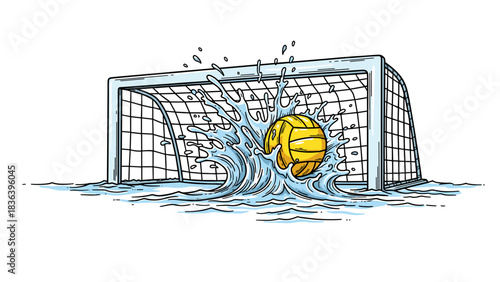Water polo goal splash with dynamic ball illustration and net detail
