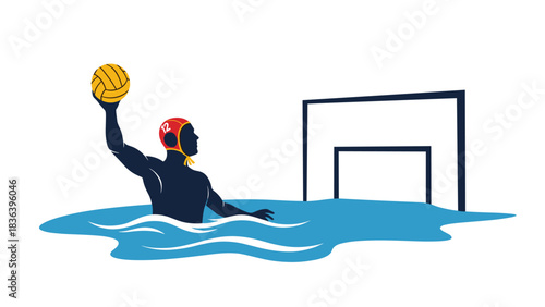Water polo player in action with ball and goal in minimalist design