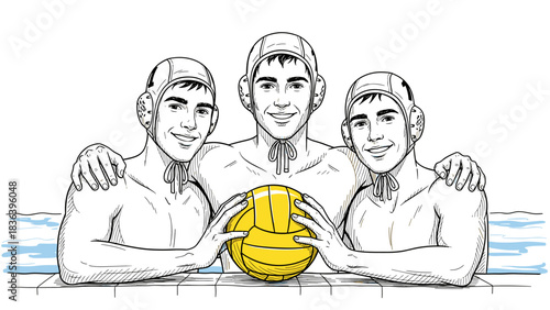Team spirit: three water polo players in a sketch style illustration