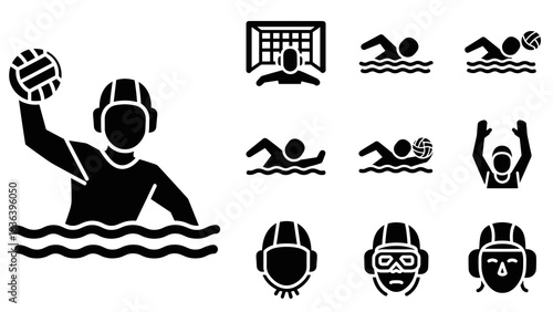 Water polo icons set: diverse pictograms for aquatic sports and activities