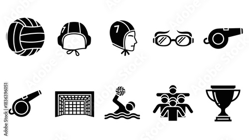 Icon set of water polo equipment and symbols: caps, goals, whistles, goggles, trophy