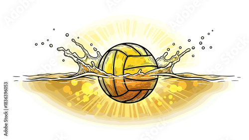 Dynamic water polo ball with splash and radiant energy