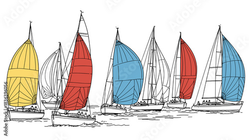 Colorful sailboats with vibrant spinnakers on water in linear style
