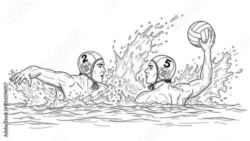 Dynamic water polo duel in black and white line art style