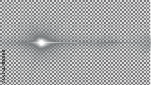 Minimalist sharp white horizontal light streak effect with small diamond starburst center, clean focused illumination design element on transparent PNG background.