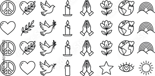 Collection of hand drawn symbols representing peace love hope and spirituality in a simple black and white line art style for creative projects