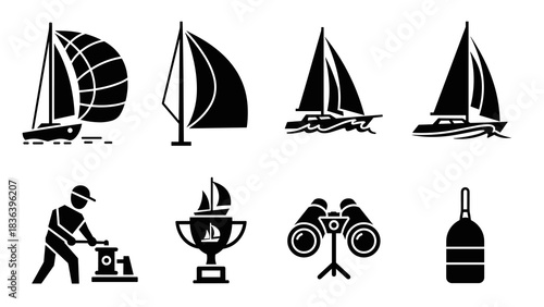 Black and white nautical icons featuring boats and sailing equipment