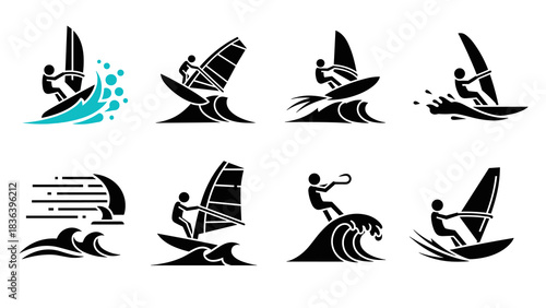 Dynamic windsurfing silhouettes with waves and splash elements