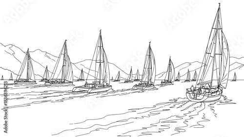 Sailing boats on calm water with mountain background in linear style