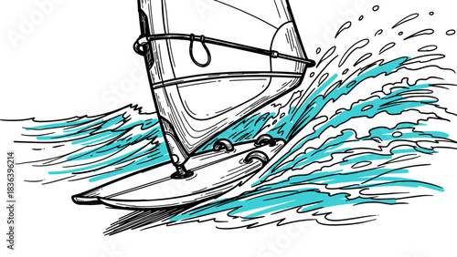 Dynamic windsurfing adventure with splashing waves in sketch style artwork